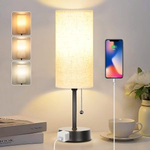 3-Color Bedside Table Lamp with Pull Chain & AC Outlet