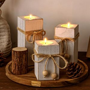 Rustic LED Candles Set with Wooden Holders – 3 Pack