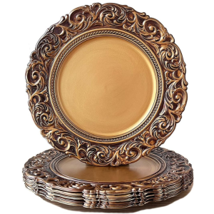 13" Antique Gold Charger Plates – Set of 6 Round Embossed Table Chargers for Elegant Dining & Events