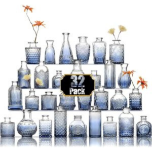 Set of 32 mini glass bud vases — includes clear and blue vintage-style designs