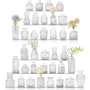 Set of 36 clear vintage-style glass bud vases in assorted shapes